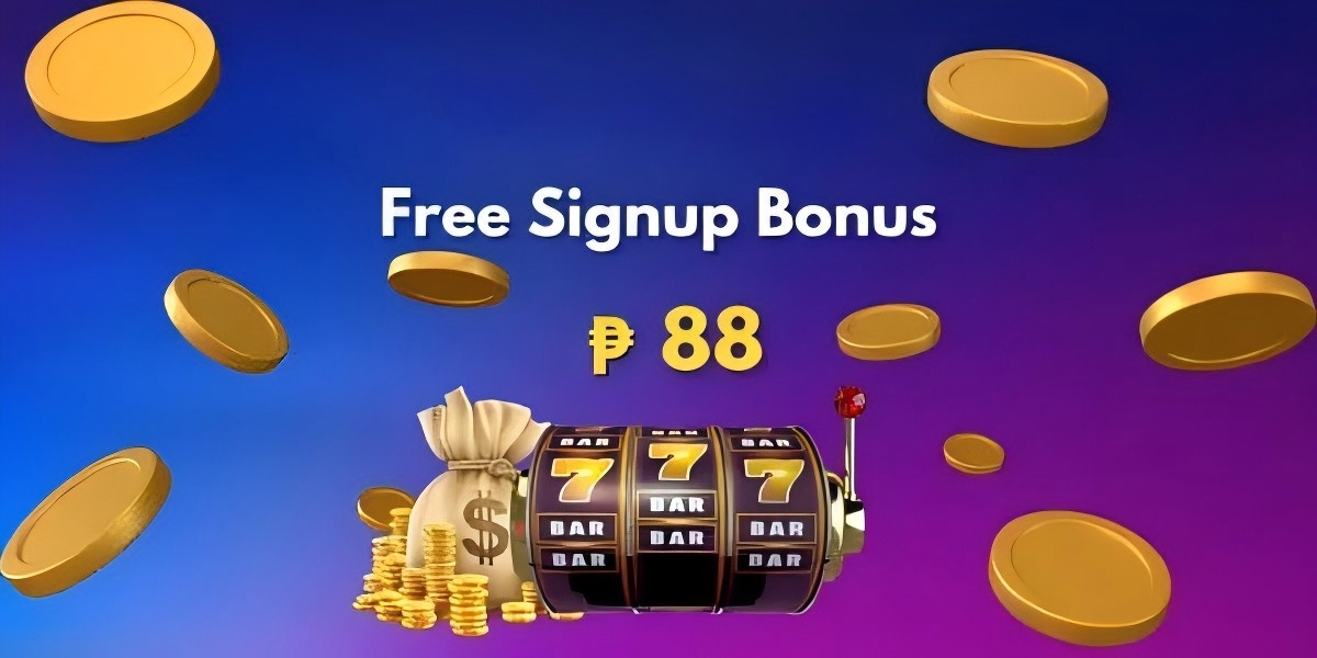 Promo banner with a free signup bonus of 88 pesos, gold coins, a money bag and a triple-seven slot machine